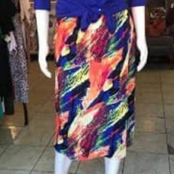 Plus Size, Multi Color  orange, royal blue, yellow, abstract,  Knee length skirt - Picture 2 of 2